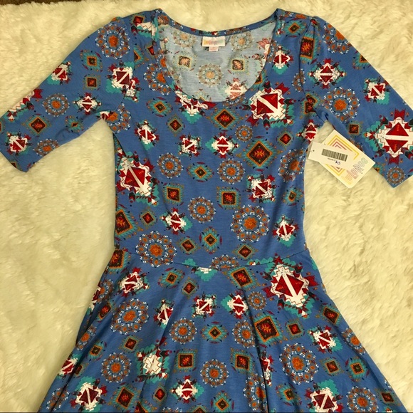 Lularoe Nicole Blue Geometric Aztec Print Dress - Picture 3 of 6